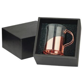 Taza de vidrio con base cobrizada